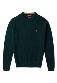 Maglione in lana verde scuro con collo rotondo, con polsini e orlo a coste, caratterizzato da un piccolo logo ricamato marrone sul petto.