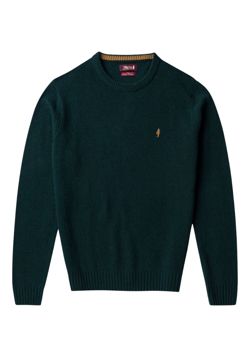 Maglione in lana verde scuro con collo rotondo, con polsini e orlo a coste, caratterizzato da un piccolo logo ricamato marrone sul petto.