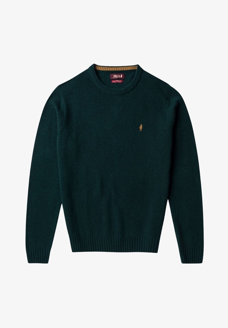 Maglione in lana verde scuro con collo rotondo, con polsini e orlo a coste, caratterizzato da un piccolo logo ricamato marrone sul petto.
