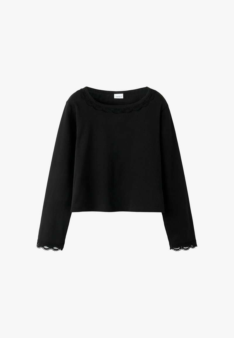 Svart crop-top med lange ermer, bølget blonderand rundt halsen og mansjettene, ribbet stoff og rund hals.