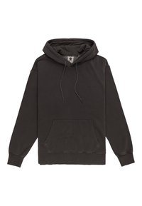 Hooded sweatshirt in dark gray cotton. Features a front kangaroo pocket, adjustable drawstrings, and ribbed cuffs and hem. Subtle logo detail.