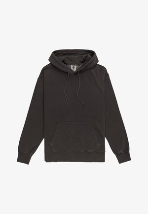 Hooded sweatshirt in dark gray cotton. Features a front kangaroo pocket, adjustable drawstrings, and ribbed cuffs and hem. Subtle logo detail.