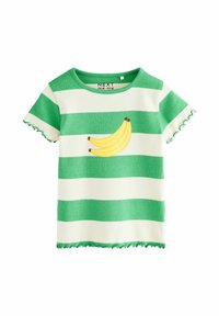 Grön- och vitrandig kortärmad t-shirt med ribbad textur, med en banangrafik på framsidan och loberade ärmslut.