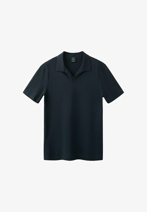 Polo noir à manches courtes avec col ouvert et sans boutons visibles, présenté sur un fond blanc.