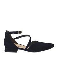 Ballerines en suède bleu marine avec un bout pointu, une bride de cheville ornée d'une boucle en or et un petit talon carré. Semelle plate et design ouvert.
