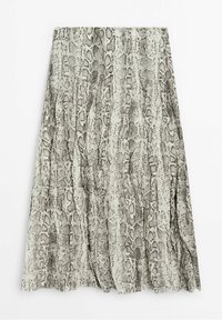 Jupe midi avec motif serpent gris et blanc et plis souples.