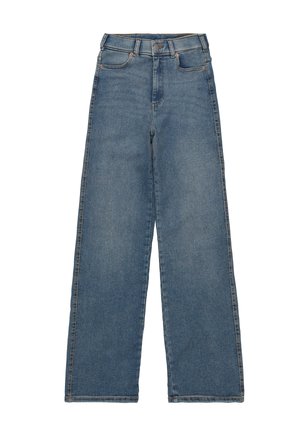 Vaqueros de tiro alto y pierna ancha en denim azul medio. Cuenta con cinco bolsillos, un cierre frontal con botón y costuras en contraste.