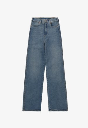 High-waisted, wide-leg jeans in medium blue denim. Features five pockets, a front button closure, and contrasting stitching.