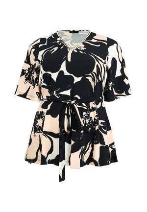 Kurzärmeliges Tunika mit Blumenmuster, V-Ausschnitt und Taillengürtel in Schwarz, Beige und Weiß.