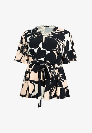 Kurzärmeliges Tunika mit Blumenmuster, V-Ausschnitt und Taillengürtel in Schwarz, Beige und Weiß.