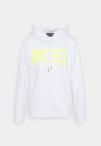 Sudadera blanca de mezcla de algodón con un atrevido logo y texto amarillo "DIESEL". Incluye capucha con cordón ajustable y puños y dobladillo de canalé.
