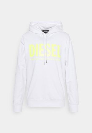 Sudadera blanca de mezcla de algodón con un atrevido logo y texto amarillo "DIESEL". Incluye capucha con cordón ajustable y puños y dobladillo de canalé.