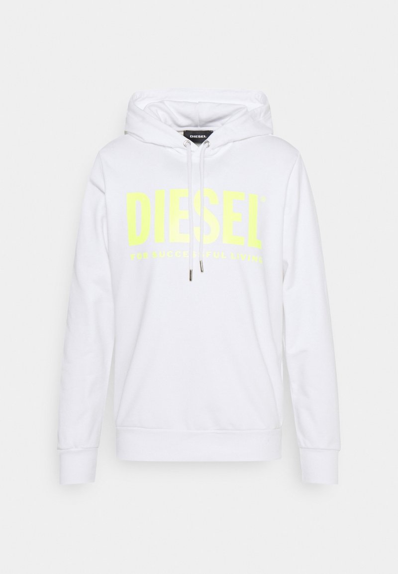 Sudadera blanca de mezcla de algodón con un atrevido logo y texto amarillo "DIESEL". Incluye capucha con cordón ajustable y puños y dobladillo de canalé.