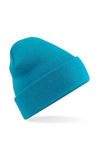 A turquoise knit beanie with a ribbed texture, featuring a folded cuff and a slightly pointed crown, positioned at an angle.