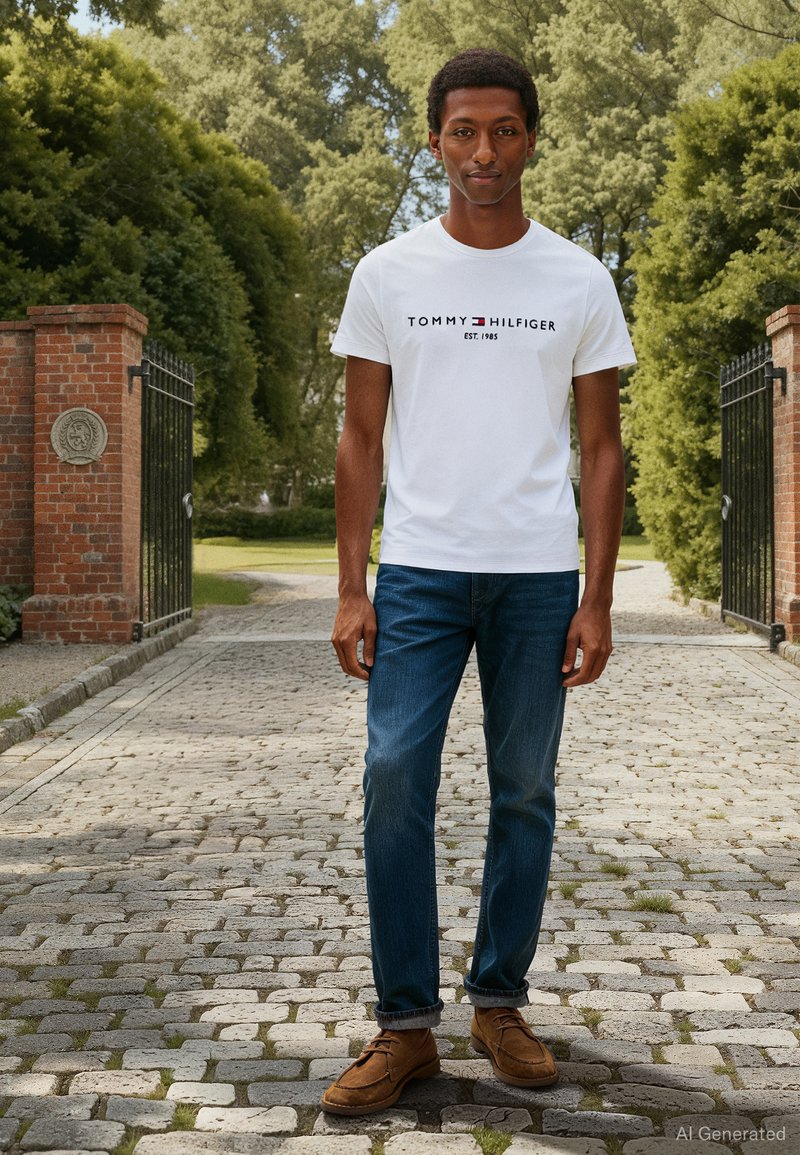 Mees seisab munakiviteel tellistest sambade vahel, tal on seljas valge Tommy Hilfigeri t-särk, sinised teksad ja pruunid seemisnahast kingad välitingimustes.