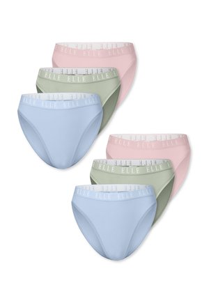 Conjunto de seis prendas íntimas de mujer en azul pastel, verde y rosa, cada una con "ELLE" impreso en la cintura.