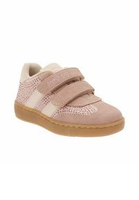 Sneaker rosa e crema con tomaia in rete, dettagli in suede e cinturini in velcro. Presentano suole in gomma e dettagli decorativi con borchie.