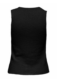 Top negro sin mangas con una tela de punto texturizada. Presenta un escote redondo y un dobladillo ligeramente acampanado. Diseño simple y minimalista.