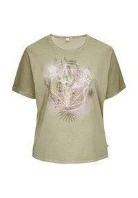 Jasnozielona koszula z krótkim rękawem i okrągłym dekoltem. Wzbogacona geometrycznym kwiatowym nadrukiem w kolorze białym, różowym i delikatnymi brązowymi akcentami. Miękka tekstura materiału.