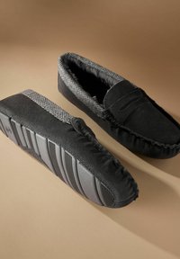 Mustat samettiset slippersit, joissa on teksturoitu harmaa kangasyläosa, kumipohja, jossa on pystysuorat urat, ja keinoturkisvuori mukavuutta varten.