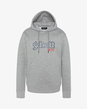 Felpa grigia realizzata in morbido tessuto, con tasca frontale, cordini regolabili e logo "Schott N.Y.C" in blu e rosso.