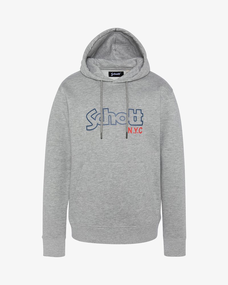 Felpa grigia realizzata in morbido tessuto, con tasca frontale, cordini regolabili e logo "Schott N.Y.C" in blu e rosso.