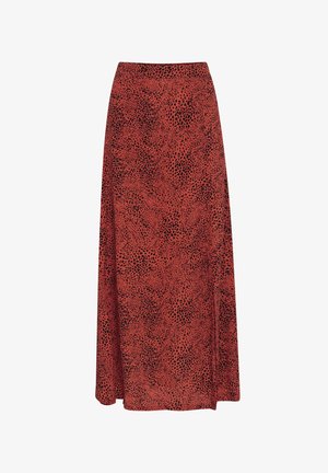 Maxi rok van rode stof met zwart dierenprint. Lichtjes uitlopende ontwerp met een gladde textuur en een elastische tailleband.