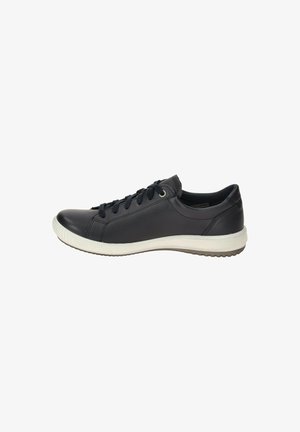 Dark blue leather sneaker with white rubber sole, featuring round toe, lace-up closure, and subtle stitching details.