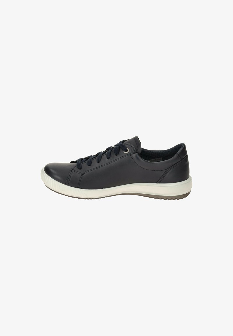 Dark blue leather sneaker with white rubber sole, featuring round toe, lace-up closure, and subtle stitching details.