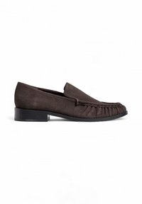 Brown suede loafers featuring a rounded toe and gathered detailing along the front, with a low block heel and textured sole.