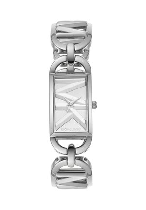 Sølv rektangulært Michael Kors armbåndsur med stort MK-logo på urskiven og kædet metalarmbånd.