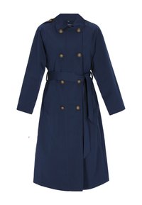 Marineblauwe trenchcoat met dubbele rij knopen, schouderepauletten, een riem in de taille en zijzakken; gemaakt van glad, lichtgewicht materiaal.