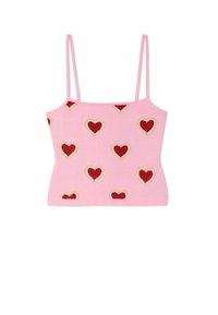 Ροζ κορυφή με τιράντες τύπου spaghetti και κόκκινα σχέδια καρδιάς περιγραμματισμένα με μικρές λευκές χάντρες που είναι ομοιόμορφα κατανεμημένες στο ύφασμα.