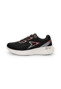 Black athletic shoe with mesh upper, pink and gray accents, padded collar, and a white cushioned sole. Features reflective logo design.