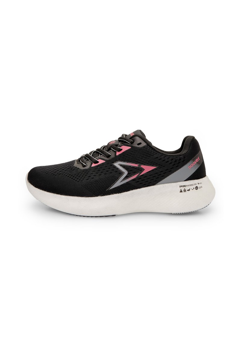 Black athletic shoe with mesh upper, pink and gray accents, padded collar, and a white cushioned sole. Features reflective logo design.