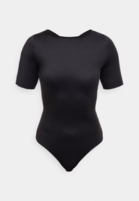Μαύρο κορμάκι με κοντά μανίκια, κατασκευασμένο από λείο, ελαστικό ύφασμα. Διαθέτει λαιμόκοψη scoop και εφαρμοστή γραμμή με χαμηλή πλάτη και σλιπ τύπου thong.