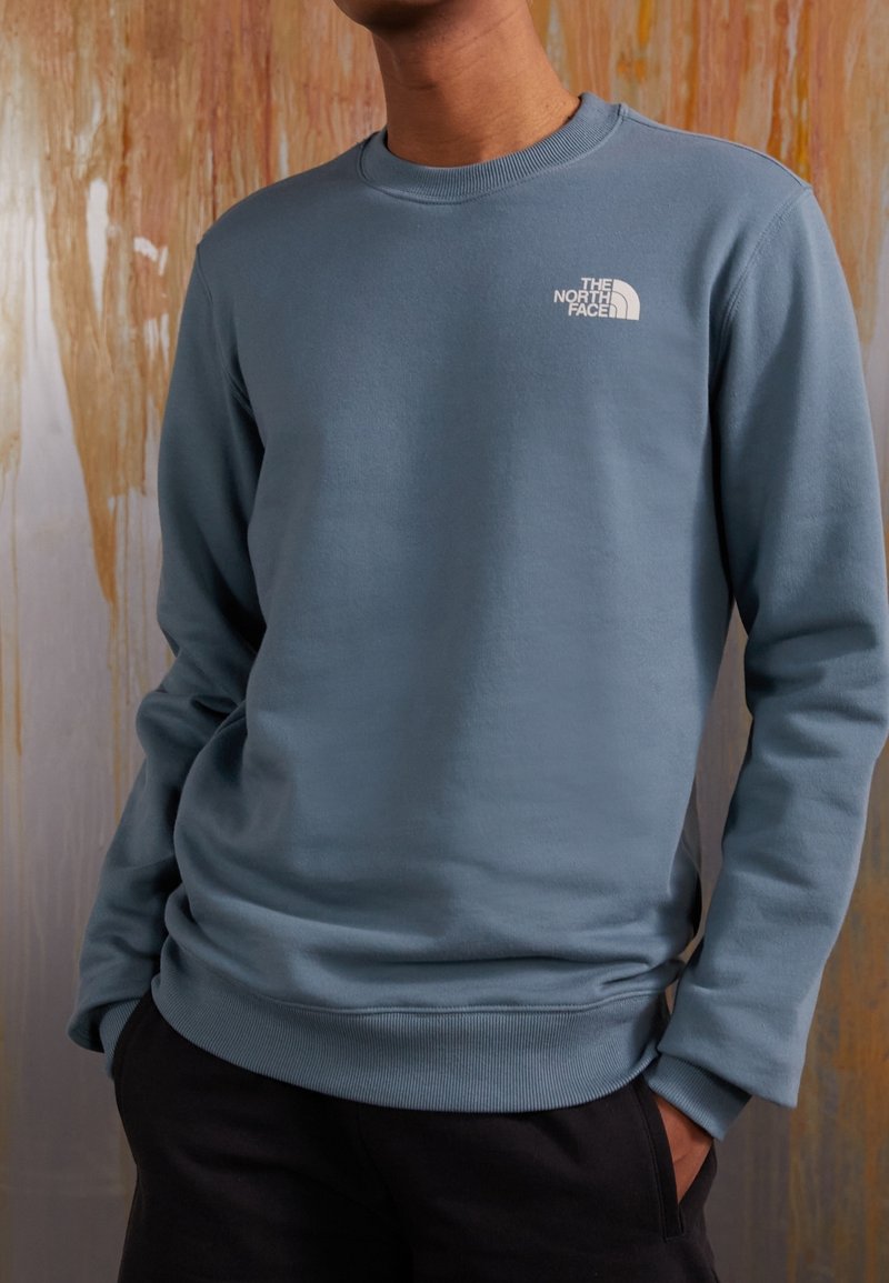 Personne portant un sweat-shirt bleu à col rond avec le logo "The North Face" sur la poitrine, mains dans les poches, devant un mur texturé marron et blanc.