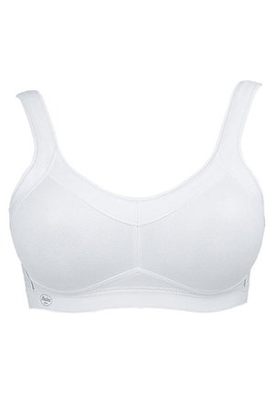 Reggiseno wireless bianco con superficie testurizzata, spalline larghe e design senza cuciture. Presenta una forma liscia e senza decorazioni per comfort e vestibilità.