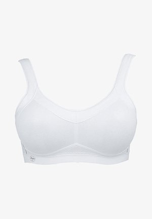 Witte draadloze bh met een textuur oppervlak, brede banden en een naadloos ontwerp. Heeft een gladde, eenvoudige vorm voor comfort en pasvorm.