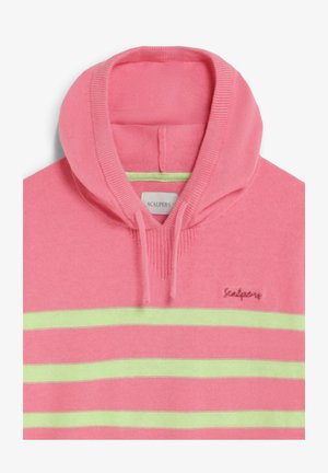 Sudadera con capucha rosa con rayas horizontales amarillas y cordones, con el nombre de la marca pequeño bordado en el pecho.