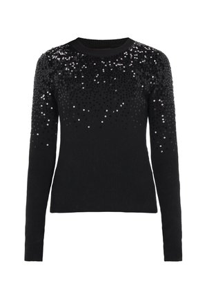 Černý svetr s dlouhými rukávy, ribrovou strukturou a flitry na vrchní části, vytvářející gradientní efekt. Kulatý výstřih.
