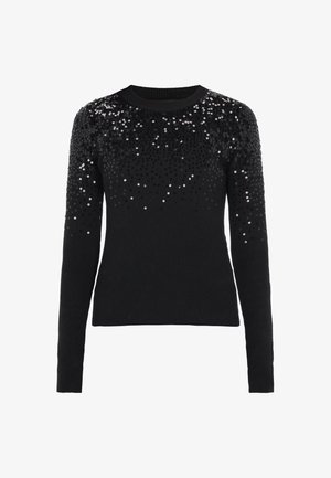 Fekete pulóver hosszú ujjakkal, bordázott textúrával és flitterdíszítéssel a tetején, amely grádiens hatást kelt. Kerek nyakkivágás.