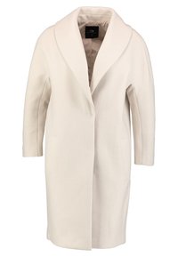 Béžový vlněný kabát se širokým límcem, dvěma předními kapsami a rovný střihem. Hladká textura a střední délka.