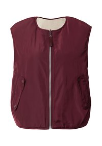 Burgundowy bezrękawnik z zamkiem z przodu, dwiema bocznymi kieszeniami z zapięciem na zatrzask oraz miękką podszewką dla dodatkowego ciepła.