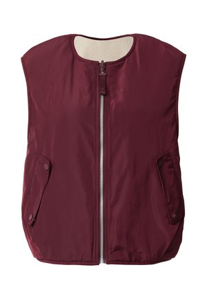 Burgundowy bezrękawnik z zamkiem z przodu, dwiema bocznymi kieszeniami z zapięciem na zatrzask oraz miękką podszewką dla dodatkowego ciepła.