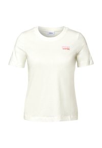 T-shirt blanc à manches courtes en coton doux, avec un col rond et "amore verde" imprimé en rose sur la partie gauche de la poitrine.
