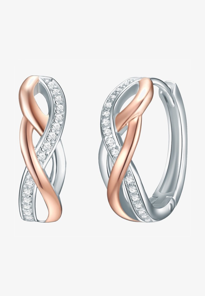 Pendientes de aro en tono rosa y plata diseñados con formas entrelazadas, que presentan una fila de diamantes simulados transparentes a lo largo de un lado.