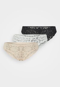 Lace underwear set consisting of three pairs in black, white, and nude, featuring floral patterns and scalloped edges.
