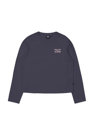 Långärmad, croppad T-shirt i marinblå bomull. Har en framsidesgrafik i rosa med texten "TACO" och "SOULED YOUR FEELING."