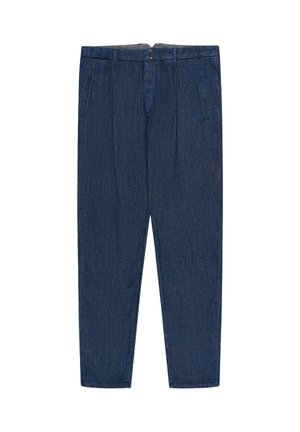Dark blue tapered denim trousers with belt loops, side pockets, and front button closure, displayed flat on white background.